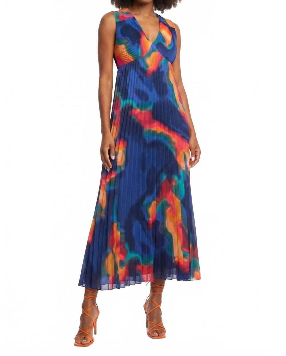 NEW NICOLE MILLER pleated abstract sleeveless dress in multi print